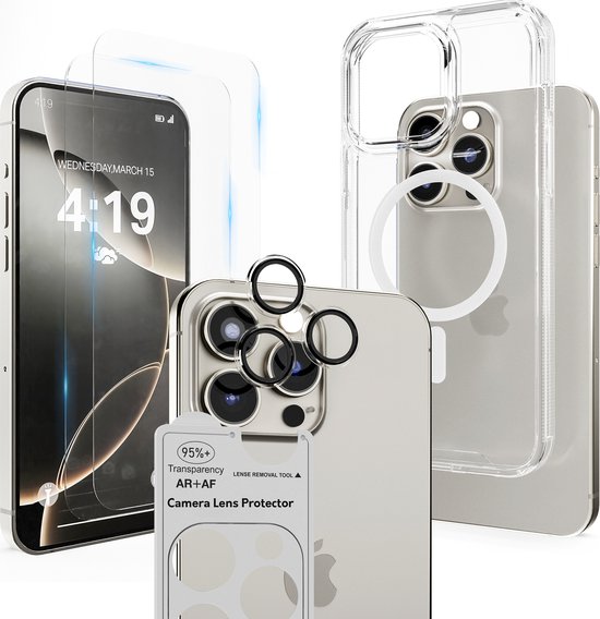 Coque pour iPhone 16 Pro Transparente - 2x Protecteur d'écran en verre trempé iPhone 16 Pro - Protecteur lens d'appareil photo - Housse en silicone anti-choc MagSafe