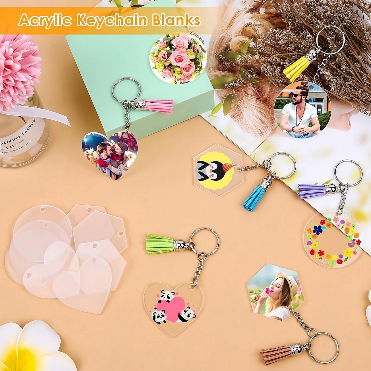 155-Delig DIY Sleutelhangers Maken Knutselpakket met Sleutelringen, Kwastjes, Blanco Transparant Plastic Plexiglas - Foto/Sleutellabels Personaliseren - Knutselen Meisjes, Jongens, Volwassenen Sieraden Hobby - Leeg Acryl Plaat Keychain Graveren — afbeelding 5