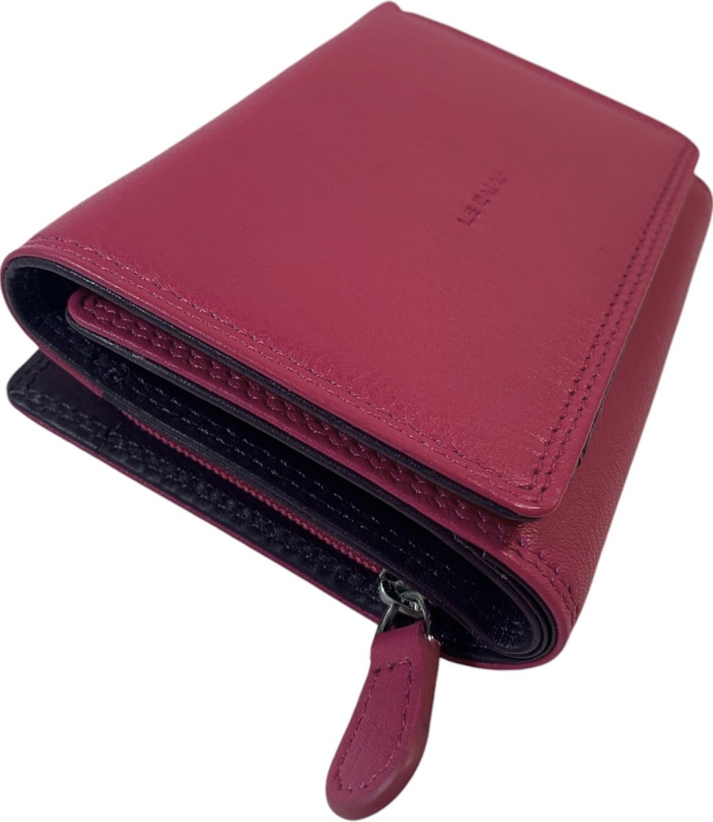 Dames portemonnee van zacht leer | portefeuille | Tweekleurige combinatie | Praktische elegantie | Veilig en stijlvol | Marine blauw/Cyclamen - Fuchsia/Paars - Masai oranje/Donker bruin - Geel/Donker bruin - Cyclamen/Marine blauw