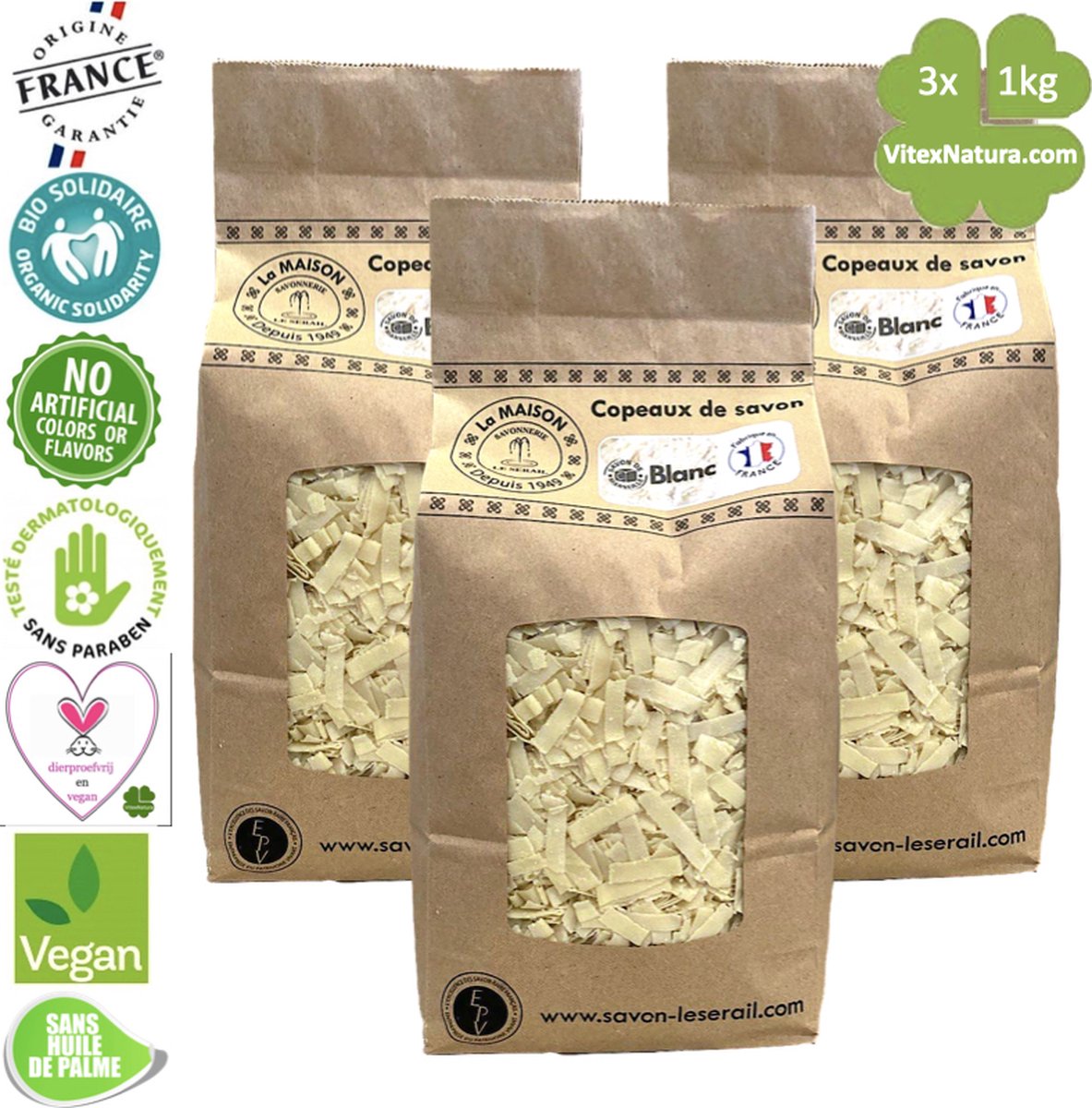 Goedkoopste Marseille zeepvlokken naturel zonder parfum en kleur | 3x 1kg | Ecologisch en Milieuvriendelijk | Le Serail | Multifunctioneel | Puur natuur