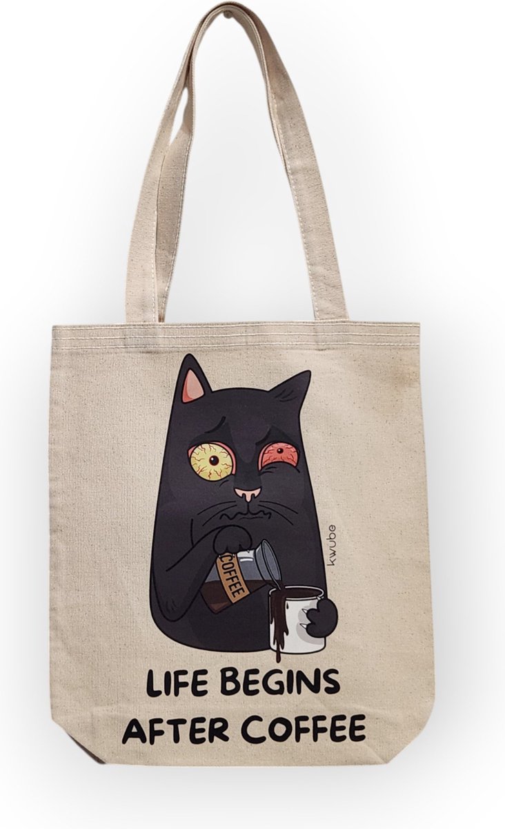 Kwube Dames Tassen - Shopper Dames Met Kat En Koffie Design - 35x40 - Naturel Katoen Schoudertas - Grappige Cadeau Boodschappentas - Canvas Tas - Linnen Tas - Tote Bag Katoen - Cadeau Voor Haar / Koffieliefhebbers - Eco Shopper - Moederdag Cadeau