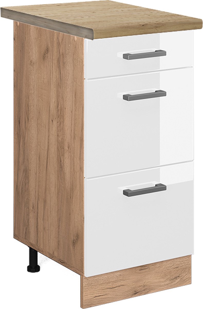 Vicco R-Line Keukenonderkast – 40 cm met laden, WB Eik Wit Hoogglans