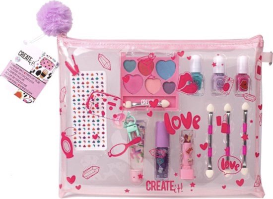 Create It Make-Up Tasje - Kinder Make-Up - Inclusief 6 x Oogschaduw, 3 x Nagellak, 3 x Lipgloss, 3 x Makeup Kwast & Nagel Stickers - Makeup Tas voor Meisjes - Kinder Makeup - Hoge Kwaliteit - Merk: Create It - Lipgloss & Oogschaduw Voor Kinderen