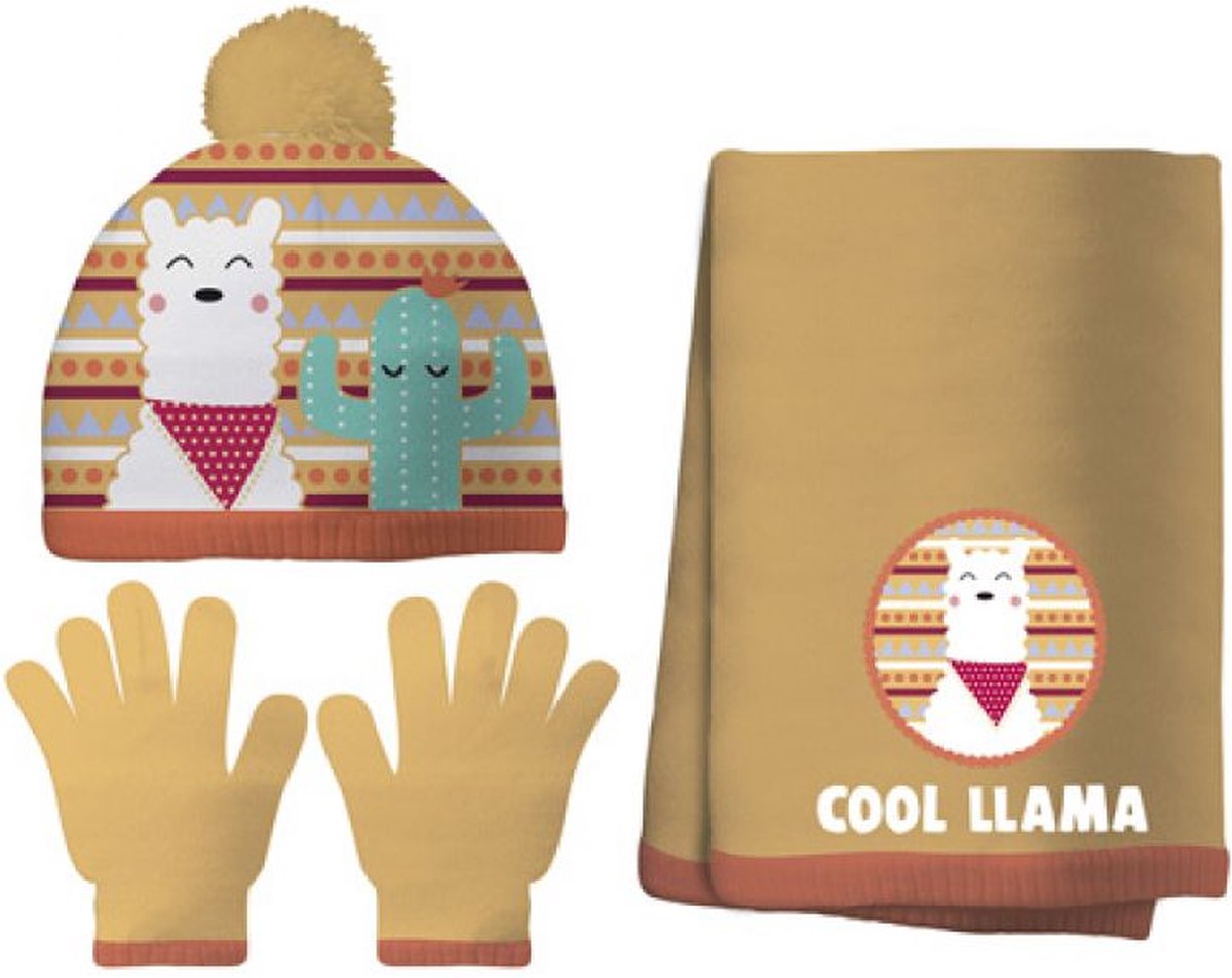Winterset voor kinderen - Okergeel - Handschoenen, muts en sjaal - Met lama print - Pom pom