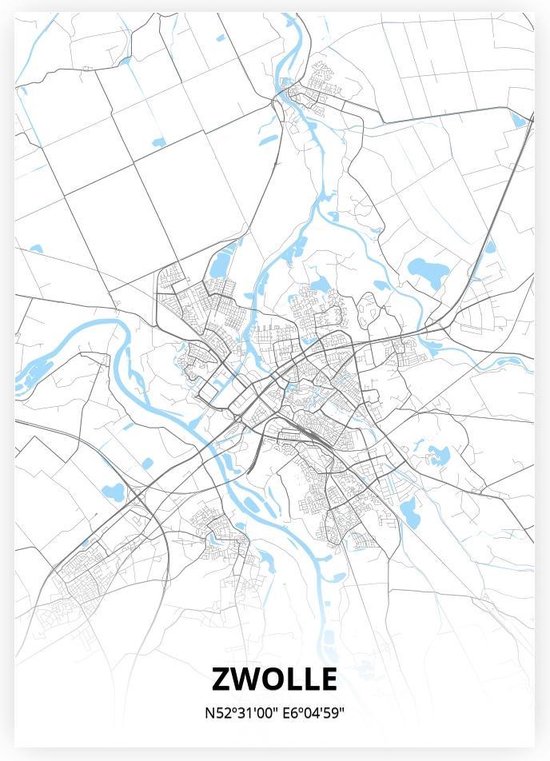 Carte Zwolle Affiche A4 Style bleu Zwart