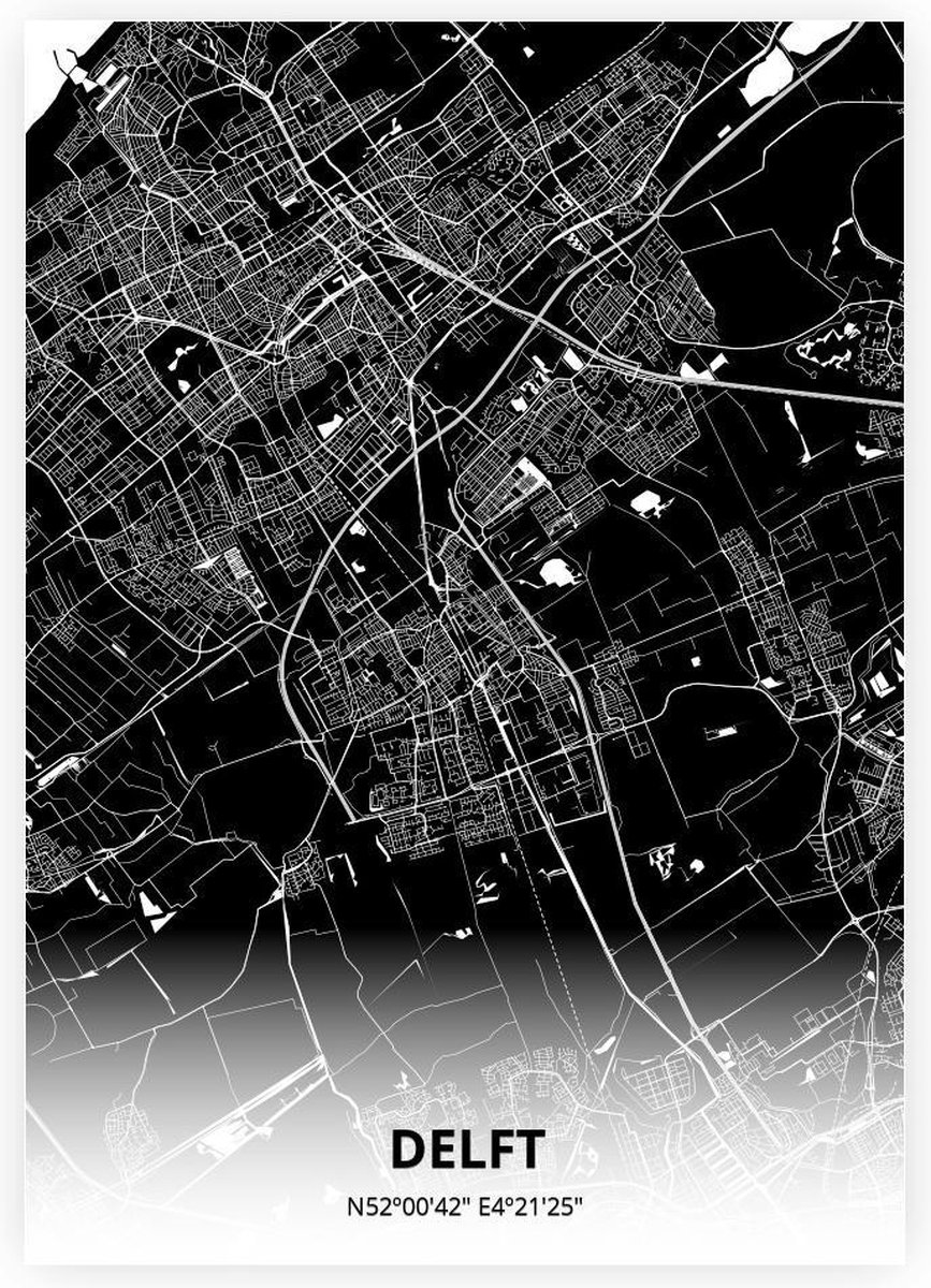 Delft plattegrond - A3 poster - Zwarte stijl - Printmijnstad