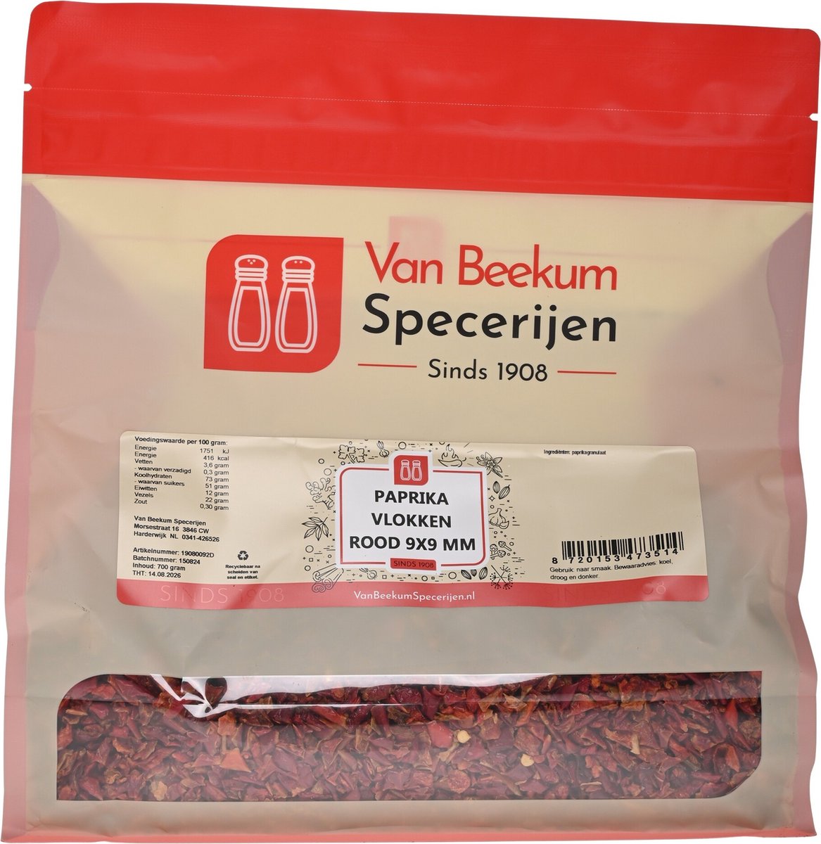 Goedkoopste Van Beekum Specerijen - Paprika Vlokken Rood 9x9 mm - 700 gram (hersluitbare stazak