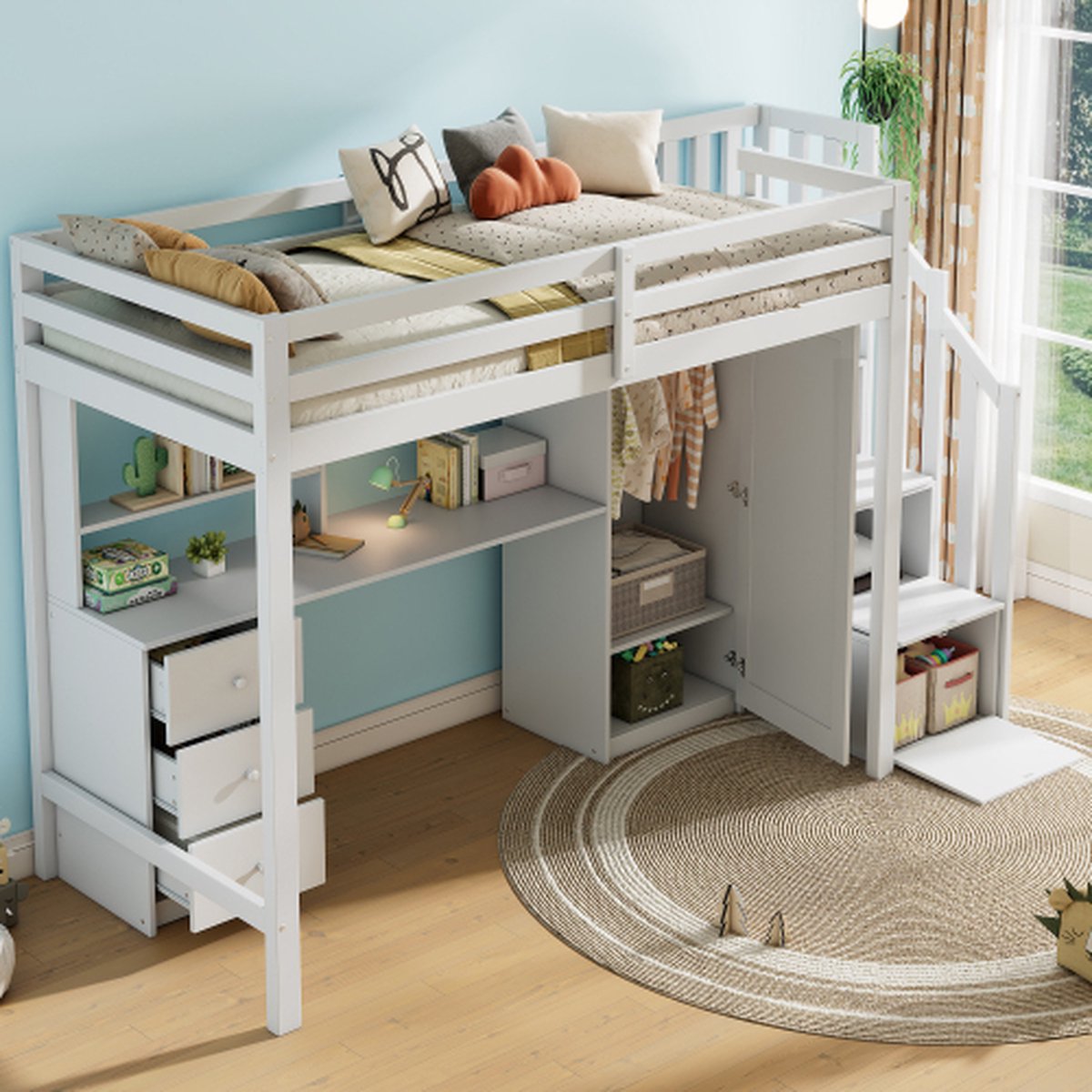 Stapelbed, Kinderbed, Met Drietrapsladder, 2 Compartimenten, Twee Lades Op Wielen Grenen Mdf Wit Naturel 90x200cm