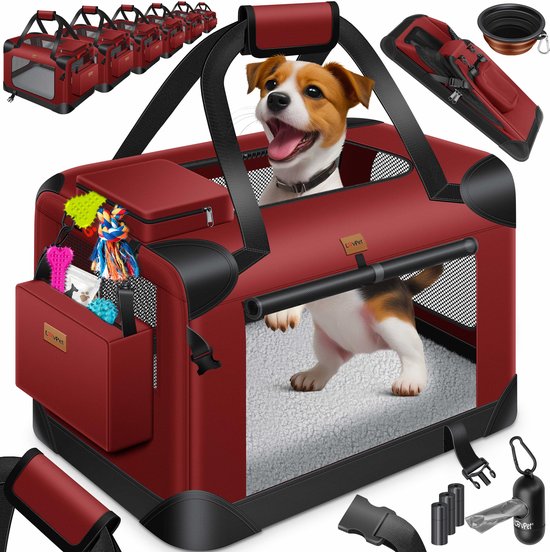 LOVPET® Hondenbench, inklapbaar, hondentransportbox, incl. fleecedeken kom, hondenkooi met 2 deuren, voor auto, dierentransportbox, met bodemschaal, 63 x 44 x 50,5 cm, S, zwart