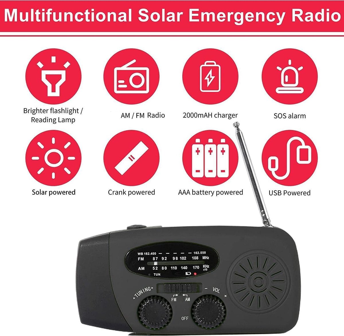 Draagbare zonne-radio met weer AM/FM, generator met handzwanger, 2000mAh oplaadbare powerbank, USB-oplader voor mobiele telefoons, LED-zaklamp, voor buiten noodgevallen, kamperen – foto 5