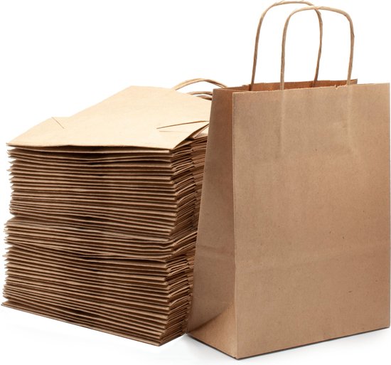 PrimeAmbition Kraft Papieren Tasjes Met Handvat – Zakjes – 50 Stuks – Bruin – 18x8x24 cm – Cadeautasjes