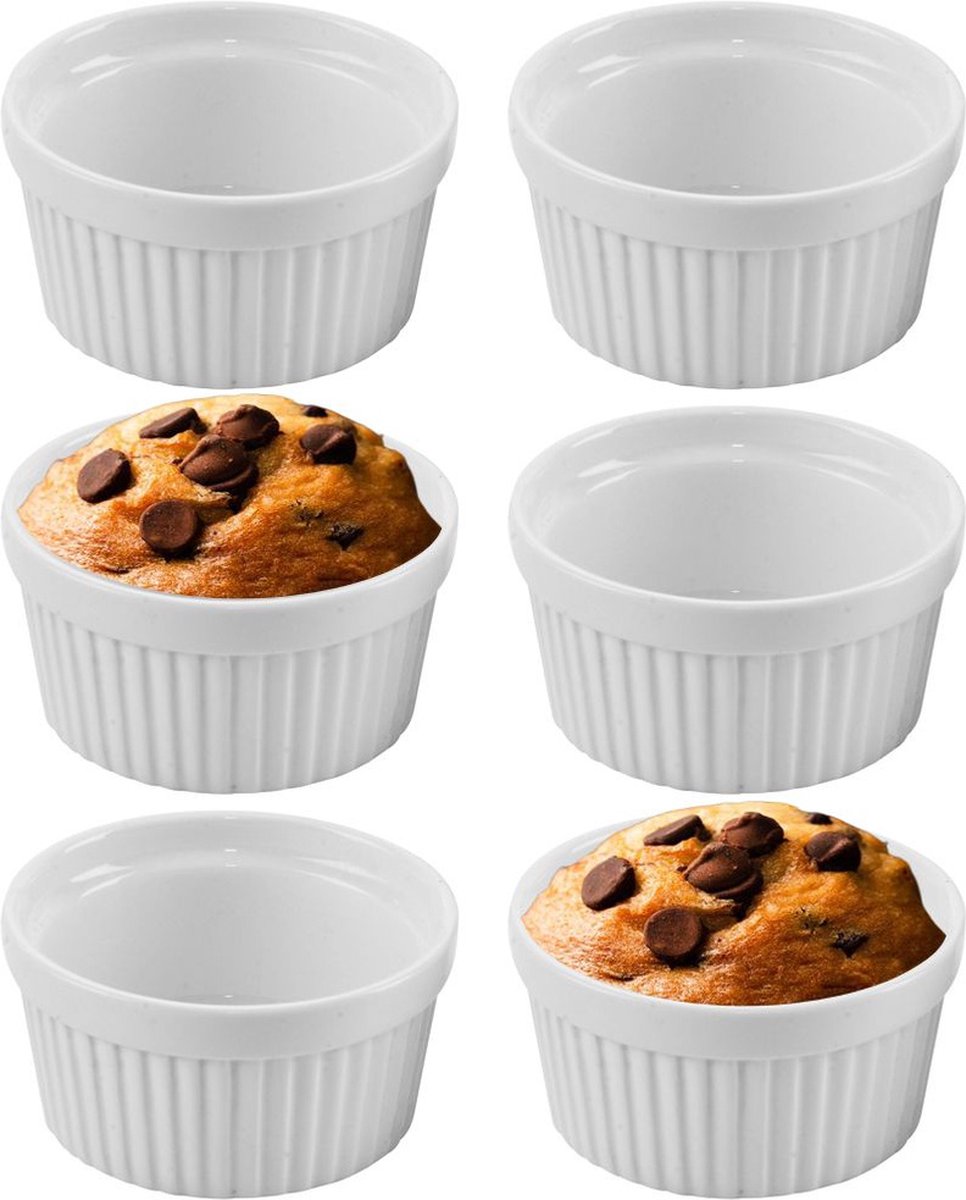 Creme Brulee Schaaltjes Porselein Wit 9 cm, 150 ml 6 stuks - Ramekins - Set - Ovenschaal - Snackkommen - Dipschalen - Kleine Komen voor Dipsauzen en Snacks