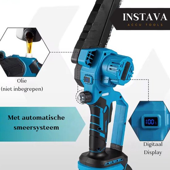 Instava Mini Kettingzaag Incl. 2x Accu - Geschikt Voor Makita 18v Accu - Incl. Opbergkoffer en Accessoires - Elektrische Takkenzaag - Snoeizaag - Houtzaag - Handkettingzaag - Boomzaag - Zaagmachine - Heggenschaar van Instava — afbeelding 4