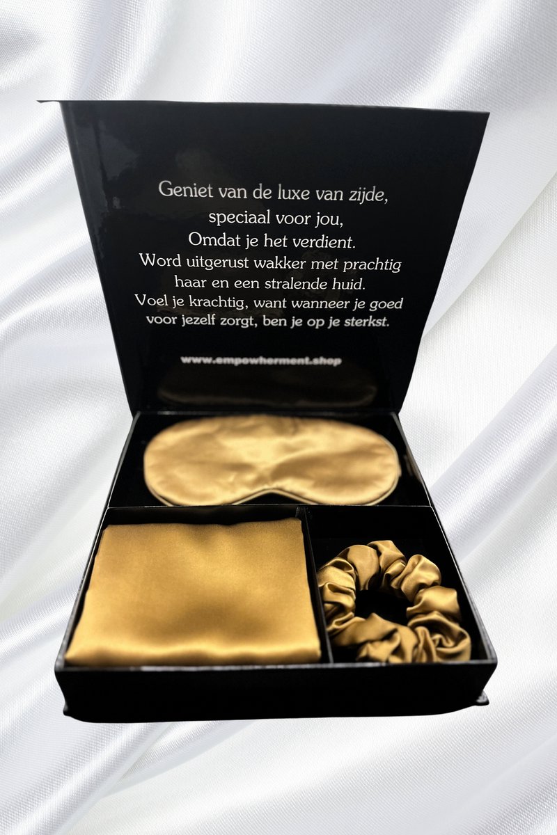 Goedkoopste Kerst Luxe Geschenkenset van 100 Moerbeizijde – Zijden Slaapmasker, Kussensloop en Scrunchie – Premium Cadeau voor Haar en Hem – Anti-Ageing & Haarbescherming goud