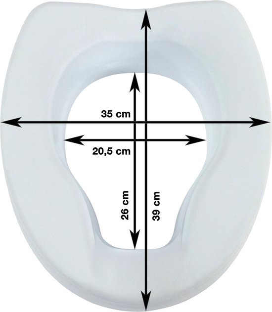 Witte toiletverhoger met afmetingen: 35 cm breed, 39 cm lang, 26 cm diep en een opening van 20,5 cm.
