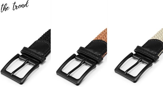 Set de Ceintures élastiques The Trend - 3 pièces - Boucle noire - Design tressé - Unisexe - Zwart/ Cognac/ Beige