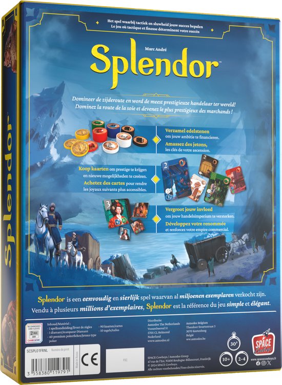 Achterkant van de doos van het bordspel Splendor met afbeeldingen van edelstenen, kaarten en fiches.