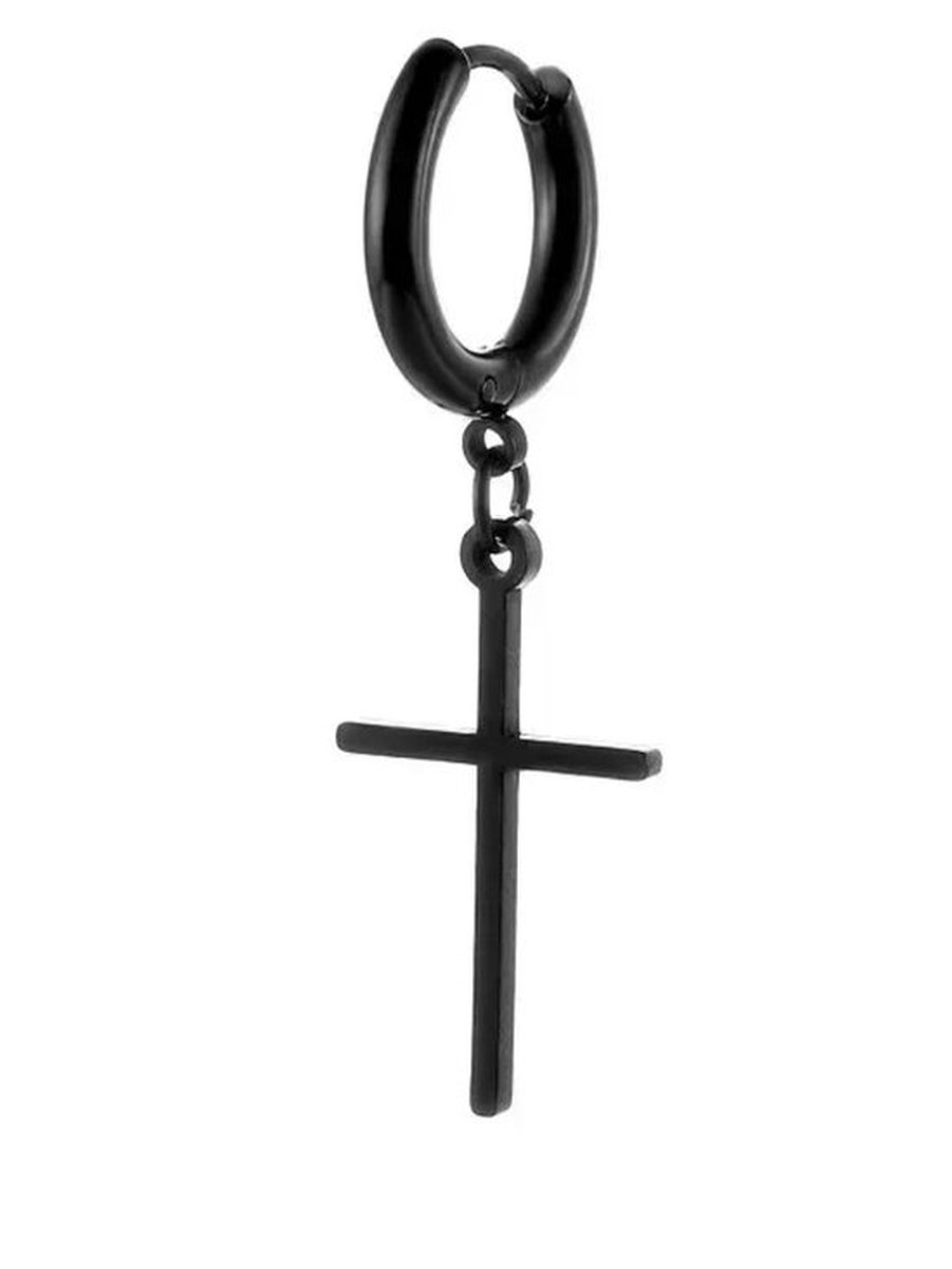 Titanium oorbel met kruisje hanger - Hypoallergeen - Chirurgisch staal - zwart - kleine oorring - pvd coating