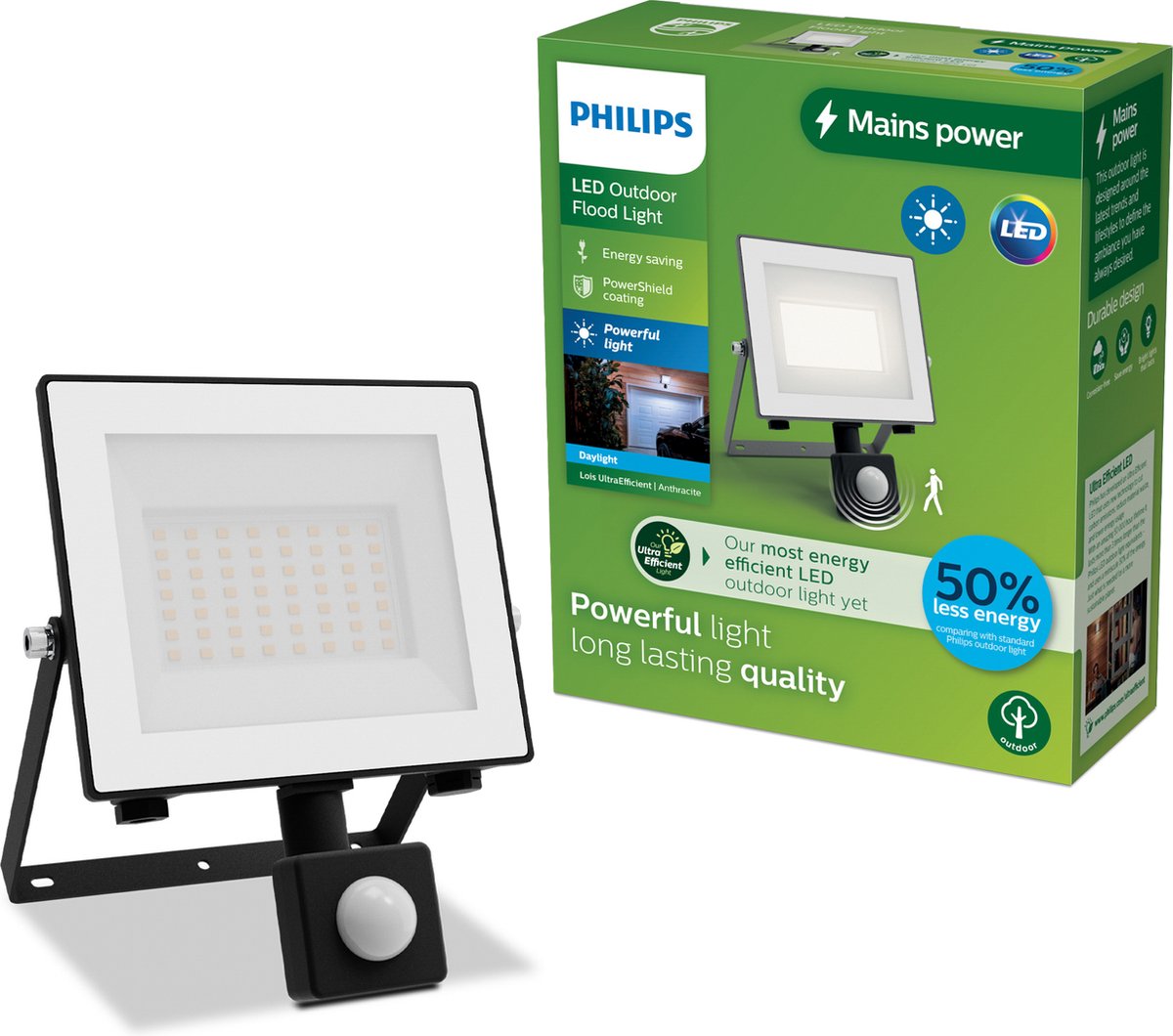 Philips Lois floodlight - UltraEfficient LED - Zwart - 15W - Koel wit licht; 5000K - Bewegingssensor - Verstraler