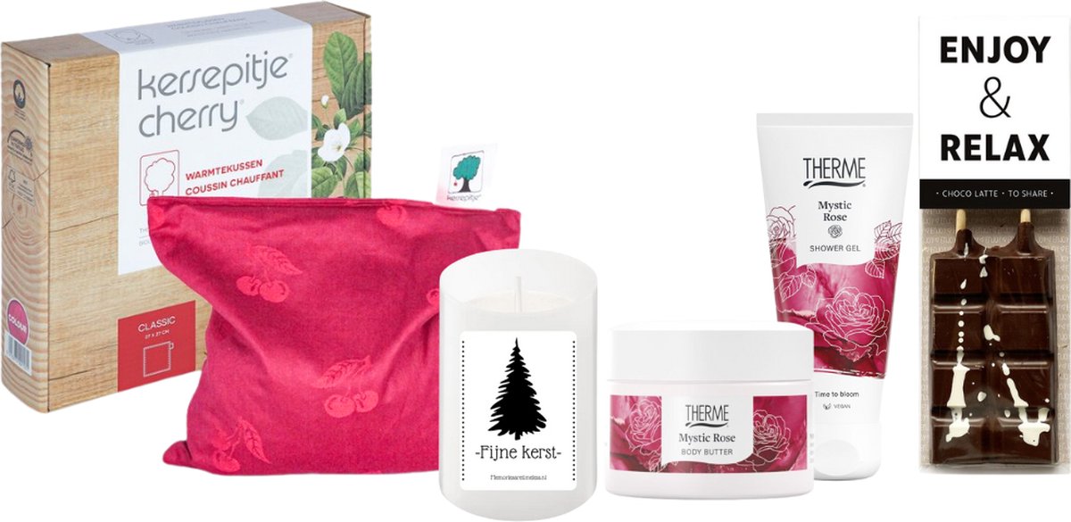 Goedkoopste Therme Cadeauset Warme Kerst Chocolade & Warmtekussen Mystic Rose - Kersepittje Warmtekussen Classic 27x27cm - Therme Shower Mini Mystic Rose - Liv 'n Taste Choco Latte Enjoy & Relax