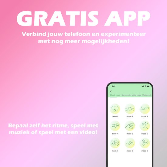 Telefoon met app die 9 modi toont. Tekst: Gratis App. Bepaal zelf het ritme, speel met muziek of video.