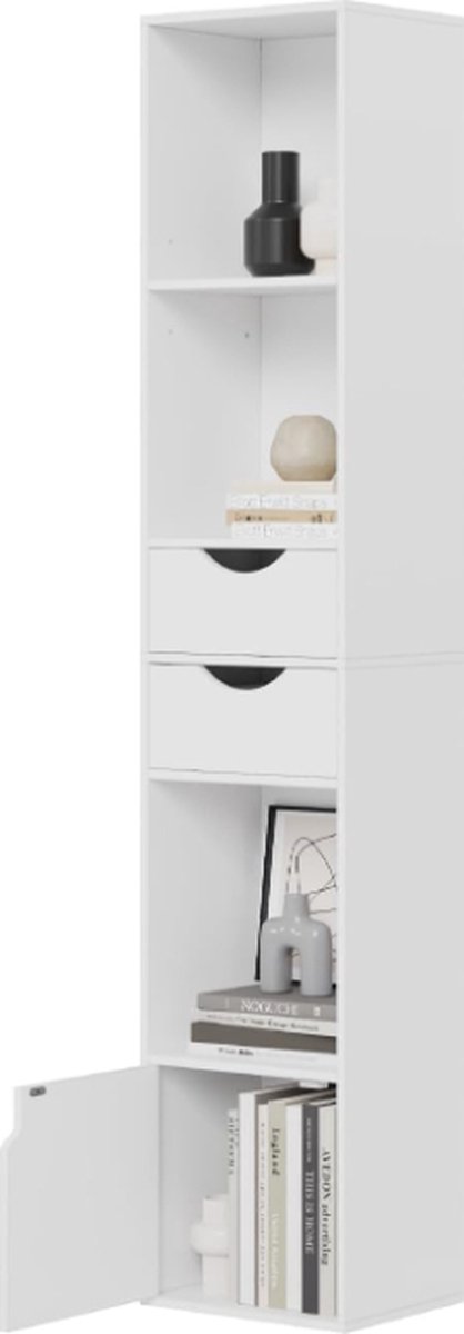 Boekenkast, staand opbergrek met laden en deur, voor woonkamer, slaapkamer, bureau, wit, 30 x 158 x 24 cm