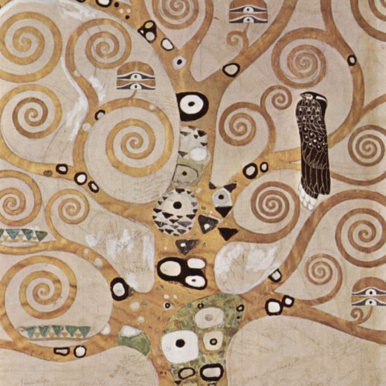 Gouden boom met spiralen, vogels en ogen, in de stijl van Gustav Klimt.