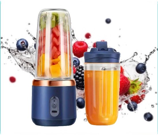BSB ECom - Mini Blender - Blender To Go - Smoothie Maker - Draadloos - Draagbaar - Smoothies & Shakes - 2 To -Go Bekers 400 ml - USB Oplaadbaar -Blauw