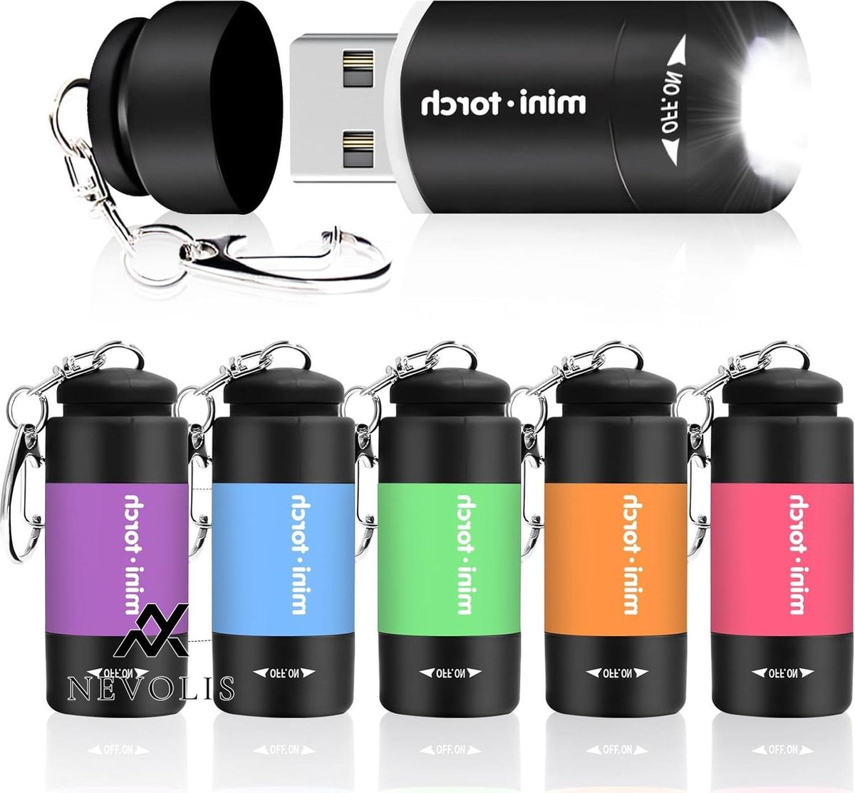 Nevolis Pack of 6 Mini LED Flashlights Keychain USB Rechargeable Hiking Camping Kids Birthday Outdoor Rainbow .