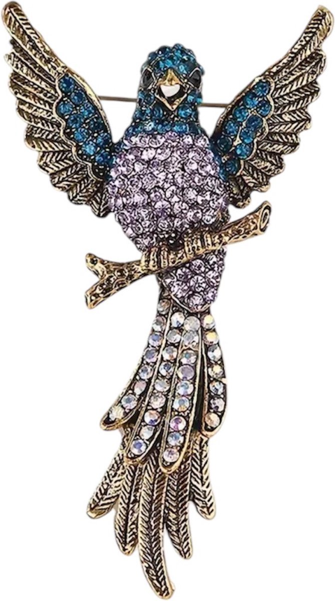 Broche Papegaai Strass Goudkleurig ( Groen/ Paars ) 7.0 x 3.7 cm