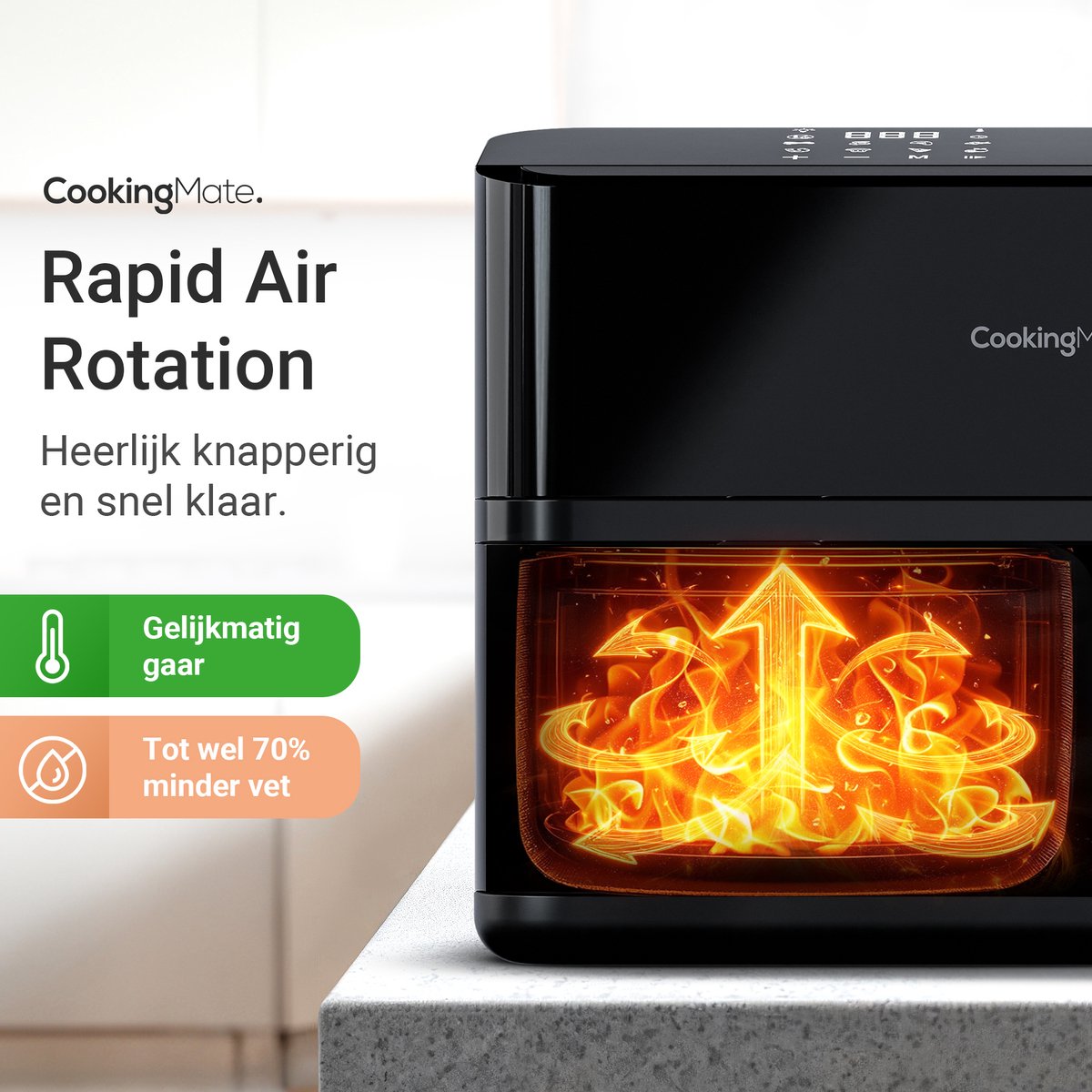 Afbeelding 3 van CookingMate Dubbele Airfryer - Dual Zone - 9L - Airfryer XXL - Heteluchtfriteuse - 2 x 4.5L - 10 Kookprogramma's - Friteuse - Dubbele Mand Airfryers - Zwart
