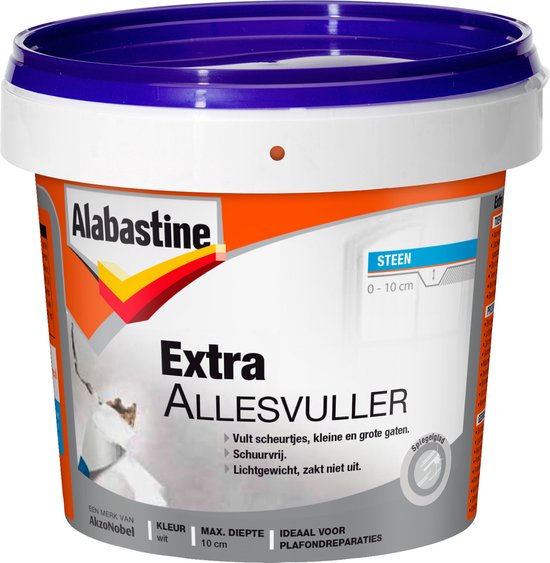 Alabastine Extra Allesvuller pot met oranje en witte opdruk. Vulmiddel voor scheurtjes en gaten.