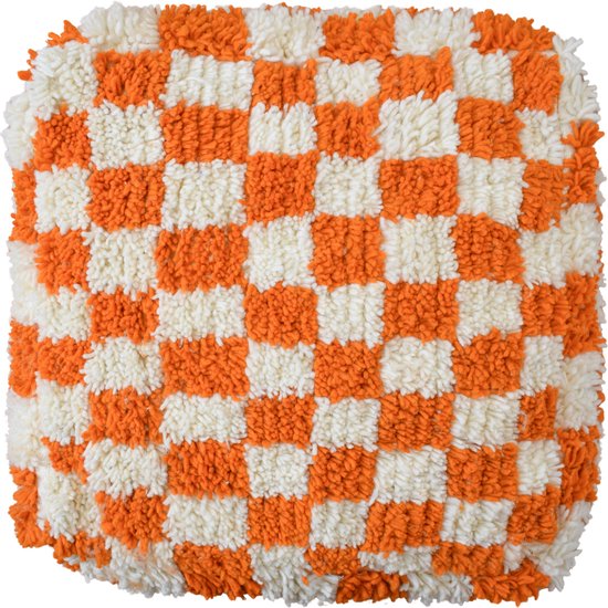 Poufs&Pillows - Coussin de sol à carreaux - kussen orange et blanc tissé à la main - 100 % laine - 60 x 60 x 20 cm - Livré rempli - Fabriqué à partir de matériaux naturels - Coussin palette