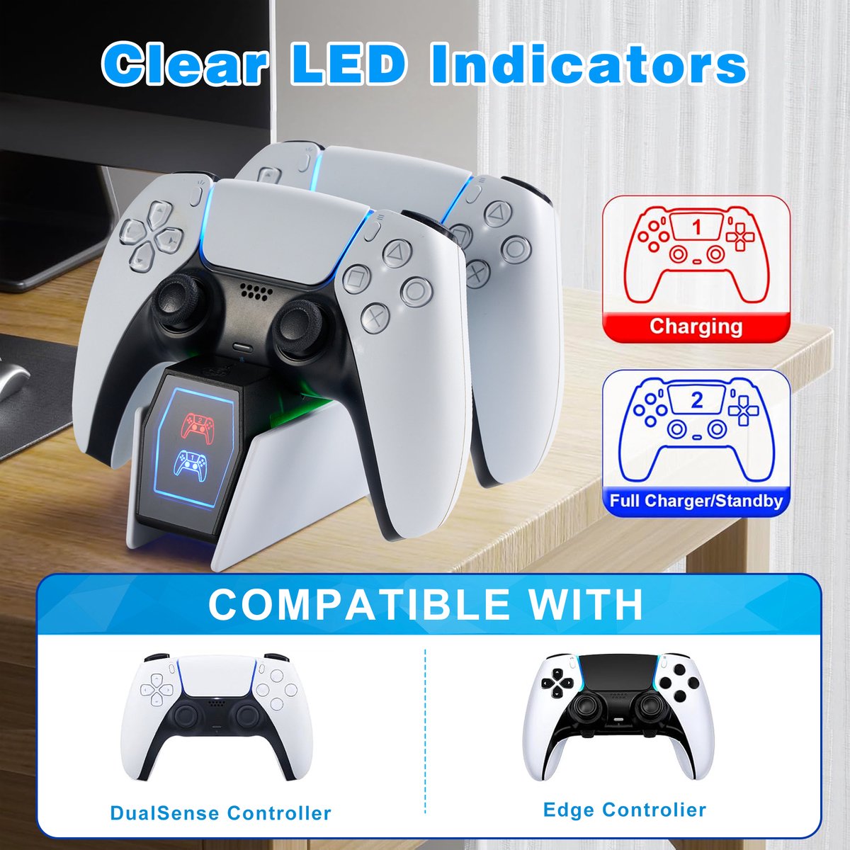 YONO Controller Oplaadstation geschikt voor PlayStation 5 - PS5 DualSense Controllers - Dual Oplader - Charging Dock - Wit - Liggend – foto 2