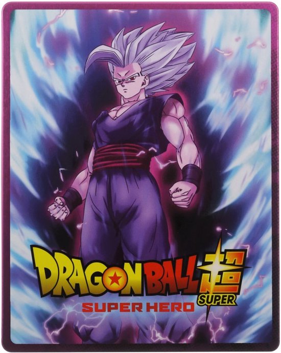 Gohan met zilver haar, paars pak, met blauw energie-effect. Dragon Ball Super: Super Hero logo.