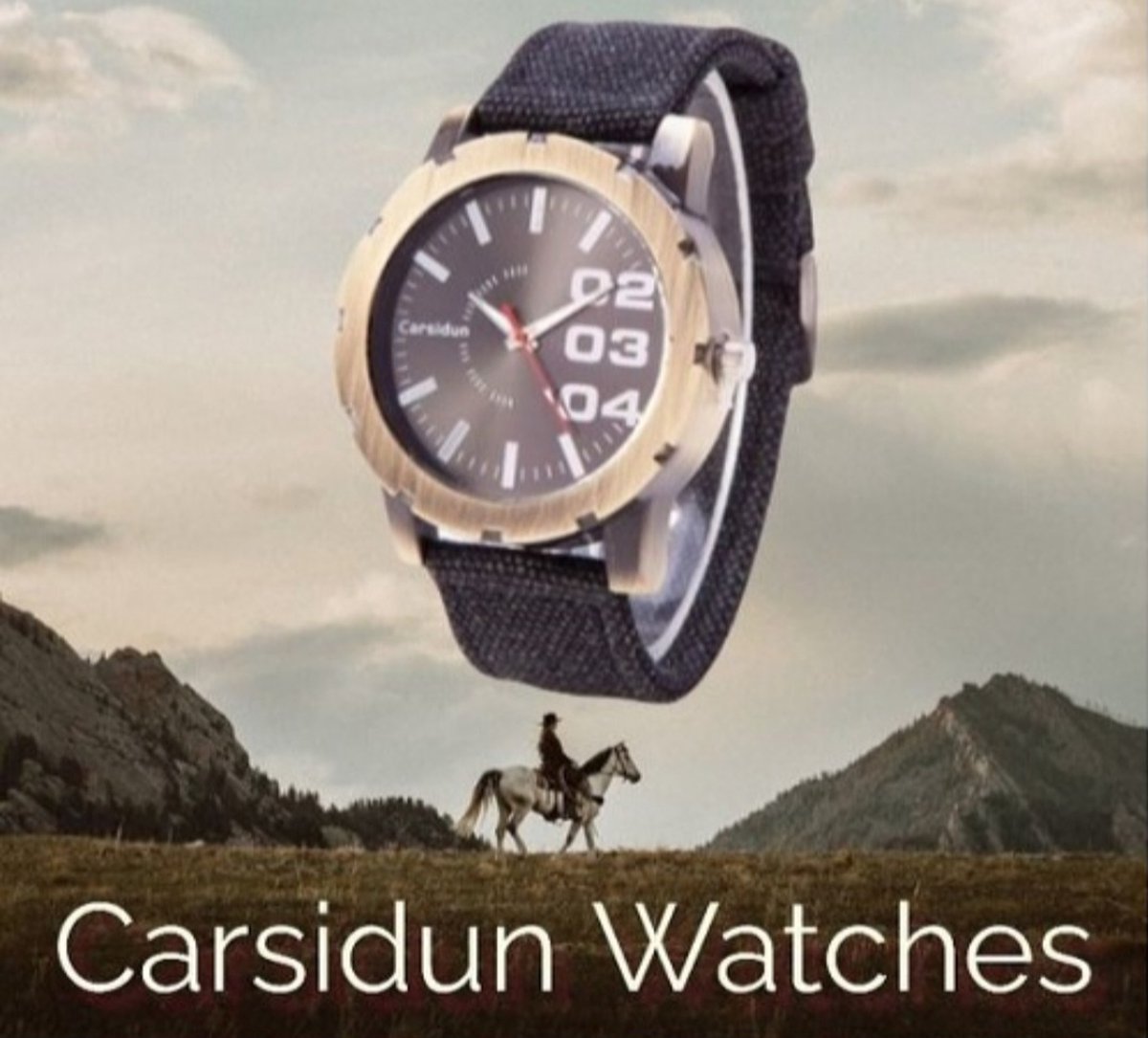 Carsidun Watches - 3 in a row - jeans - denim stof - nr. 39 Zwart - Bronze look - 3ATM - dames - heren horloge - volwassenen jeugd - unisex - casual