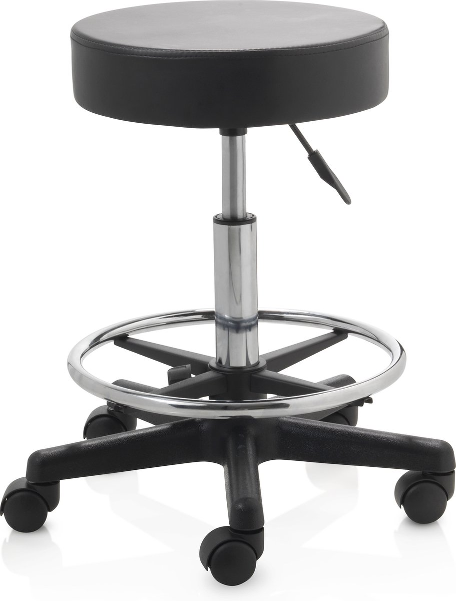 ZenGrowth ergonomische tabouret met middelhoge gasveer zwart - Kapperskruk op zachte wielen – Met voetring – Tabouret - In hoogte verstelbaar