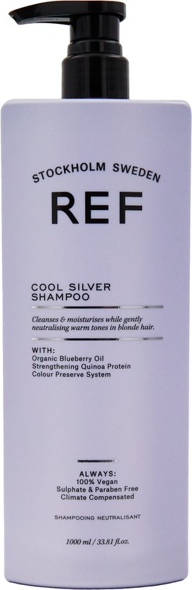 Lichtpaarse fles met zwarte pompdispenser voor REF Cool Silver Shampoo, 1000 ml.
