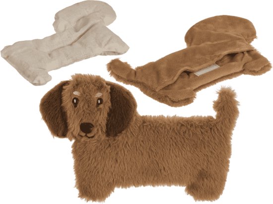 Pluche bruin teckel warmtekussen met crèmekleurig kersenpitkussen en bruine hoes.