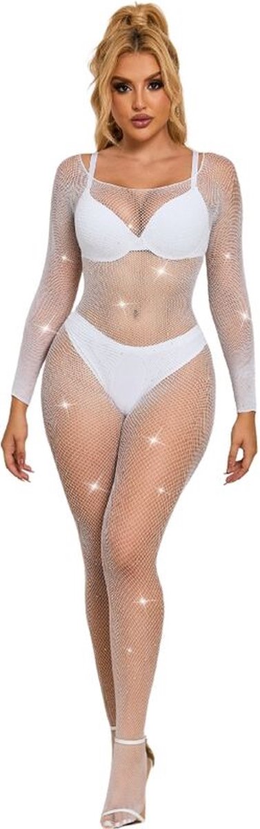 Goedkoopste SUBBLIME - 952396 VISNET BODYSTOCKING MET DIAMANTJES LANGE MOUW WIT ONE SIZE | LINGERIE | SEXY LINGERIE | EROTISCHE LINGERIESET