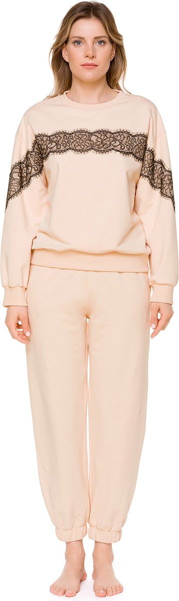 Dames Huispak-Katoen met Zwart Kant-Sweatshirt & Joggingbroek-Beige-Maat S
