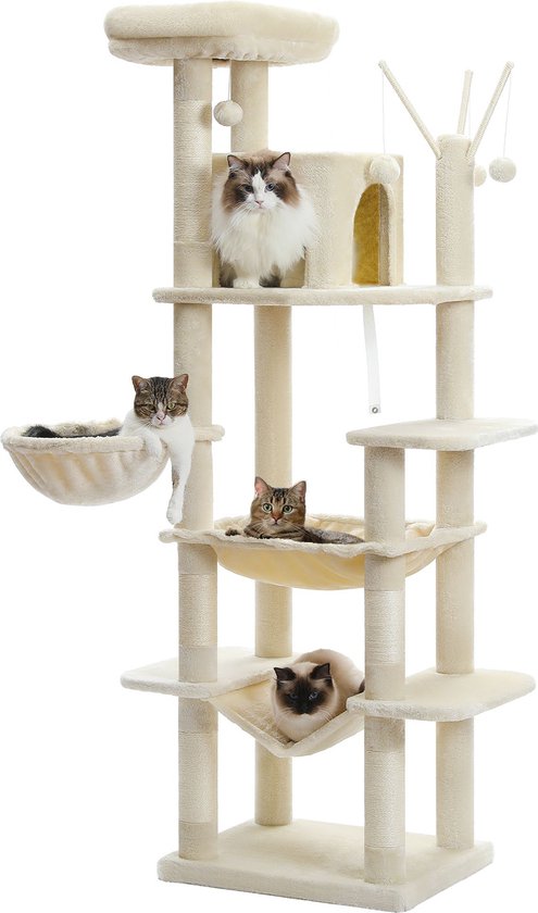 COSTWAY 6-verdiepingen krabpaal van hout, 176 cm kattenboom met comfortabele matten & holle ruimte & kattenboog, grote katten krabpaal kattenmeubel, boom om te klimmen activiteit boom speelboom, Beige