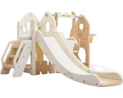 Merax 5-in-1 Speeltoestel Binnen - Kinderglijbaan met Schommel - Bruin met Wit