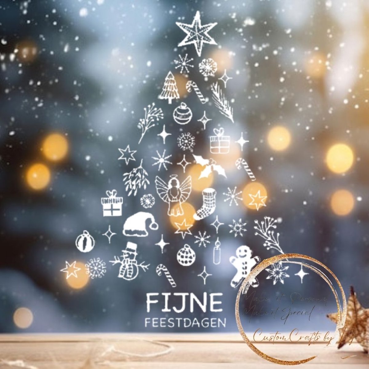 Herbruikbare Statische Raamstickers - Fijne Feestdagen Kerstboom - Wit