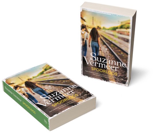 Twee boeken met de titel Spoorloos van Suzanne Vermeer, op een witte achtergrond. De kaft toont twee meisjes op een treinstation.
