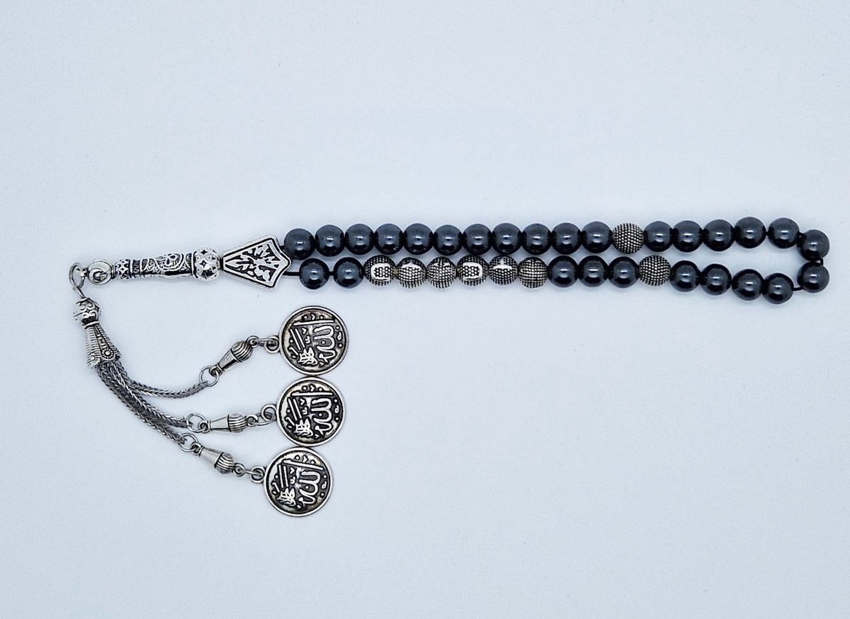 Handgemaakte naam tasbih 33 Kralen Natuursteen “ Hematiet” - met metaal tassel “Allah jala jalaluh"- Met je naam of de naam van uw geliefde- 8 mm diameter van de korrel
