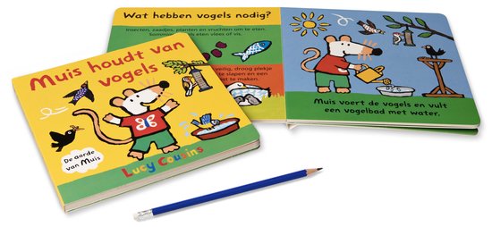 Open kinderboek met illustraties van een muis die vogels voert. De pagina's tonen de muis die water geeft en wat vogels eten.