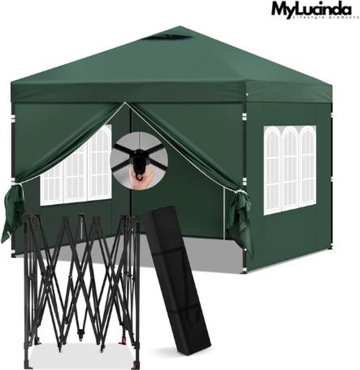 Mylucinda® - Opvouwbare Partytent 3x3m met Ramen en Afneembare Zijwanden – Donkergroen – Inclusief Draagtas – Makkelijk te Monteren – Perfect voor Tuinfeesten en Evenementen