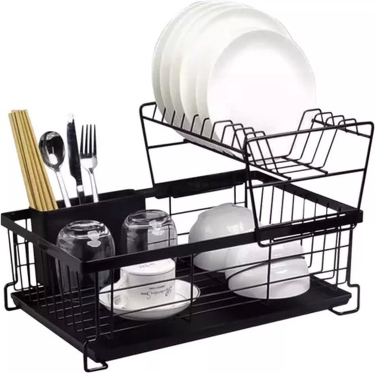 Goedkoopste Cherchie - Afdruiprek met Lekbak - Zwart - 2 Etages - Afwas Druiprek met Bestekmand
