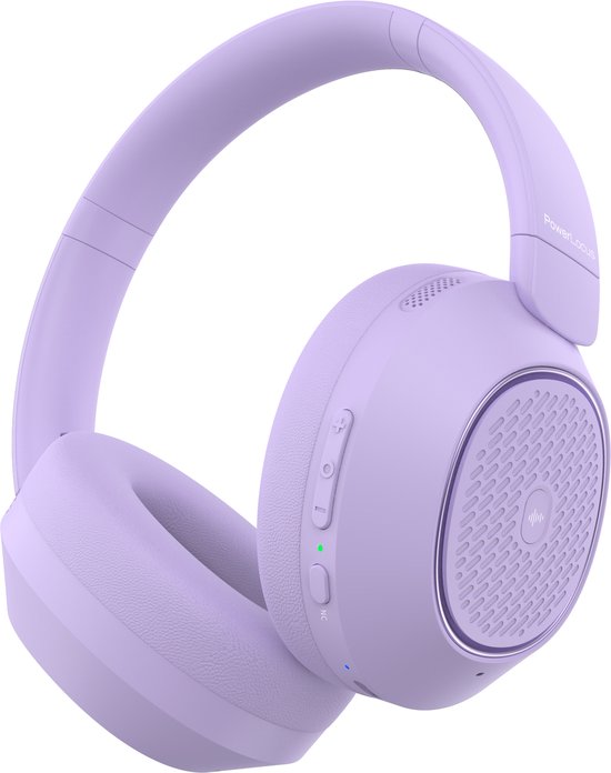Paarse over-ear koptelefoon met het PowerLocus logo op de hoofdband.